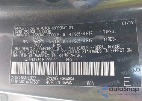 2019 Toyota 4Runner Sr5 Premium z USA, uszkodzony, nr VIN JTEBU5JR0K5664825